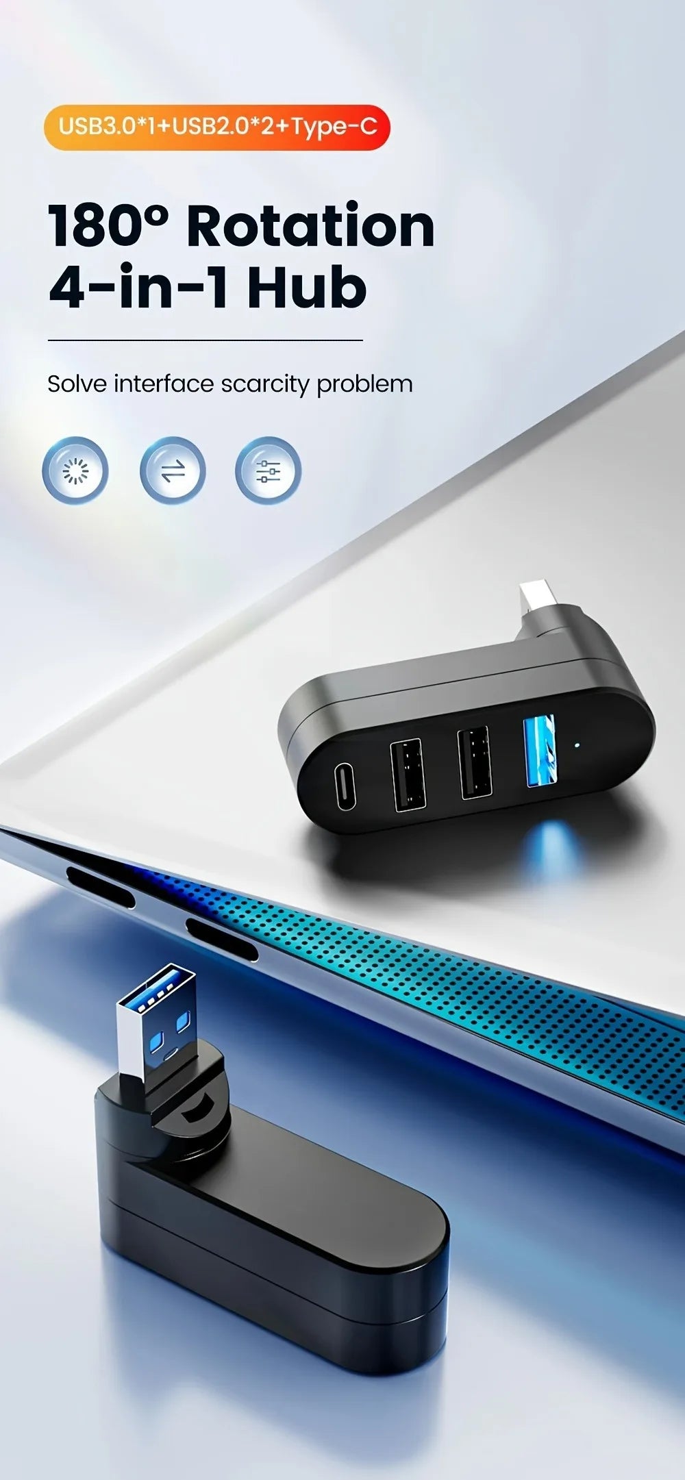180° Rotating USB-C & USB-A Hub with 3-Port Expansion