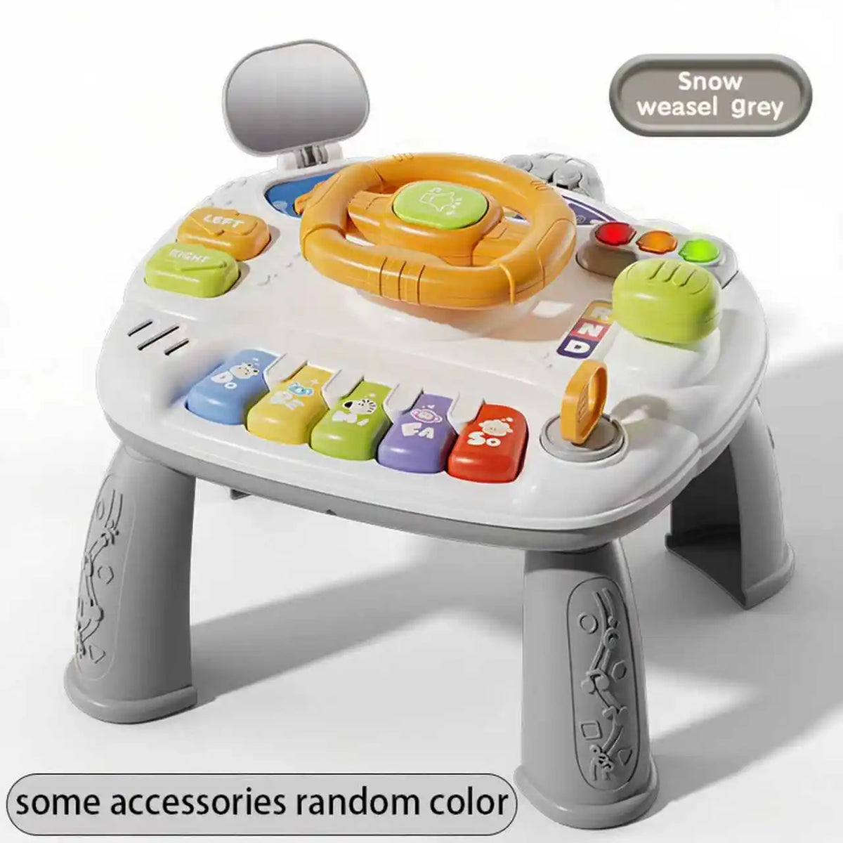 A white baby interactive activity table featuring a piano and steering wheel for learning