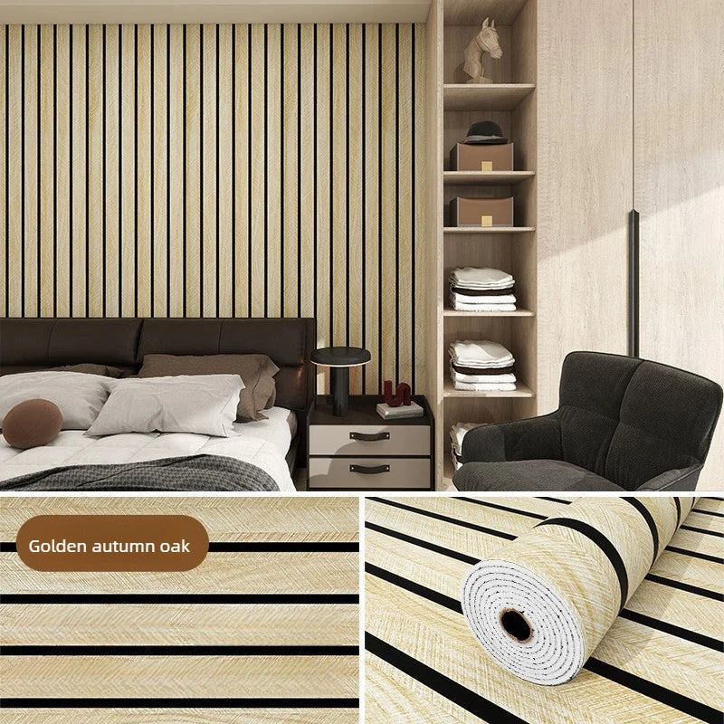Self-adhesive wood grain grille wall sticker featuring golden autumn oak wood texture on a light beige background