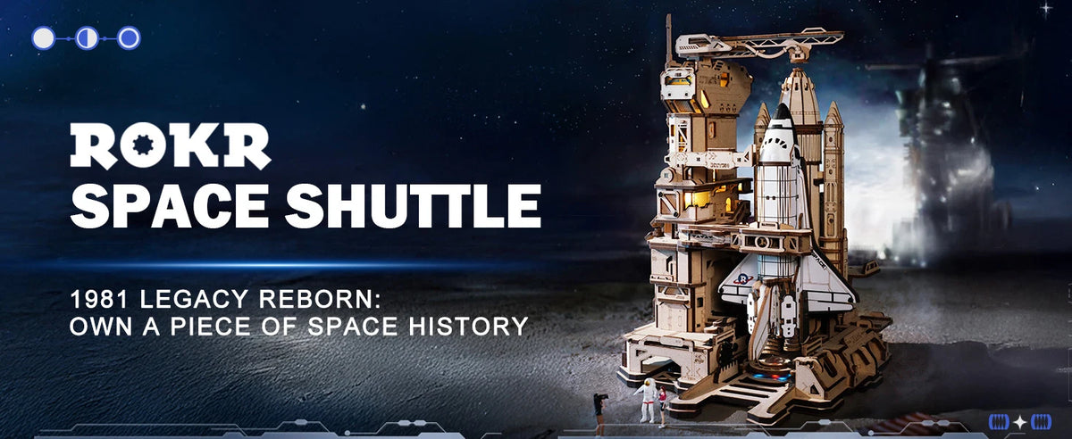 A detailed wooden space shuttle model kit with a launch simulator displayed against a dark, starry background.