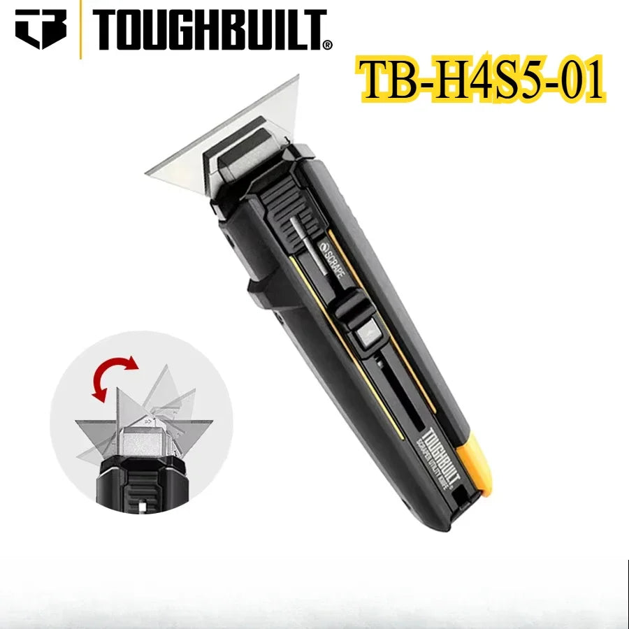 A black ToughBuilt TB-H4S5-01 utility knife blade with a silver blade and yellow accents.
