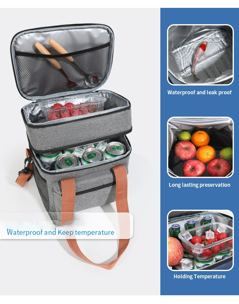 Insulated Double-Layer Lunch Tote with Shoulder Strap