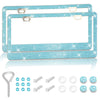 A set of crystal rhinestone license plate frames and mounting hardware in light blue color.