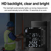 A person uses an HD backlight laser distance measurer to measure a distance on a door frame.