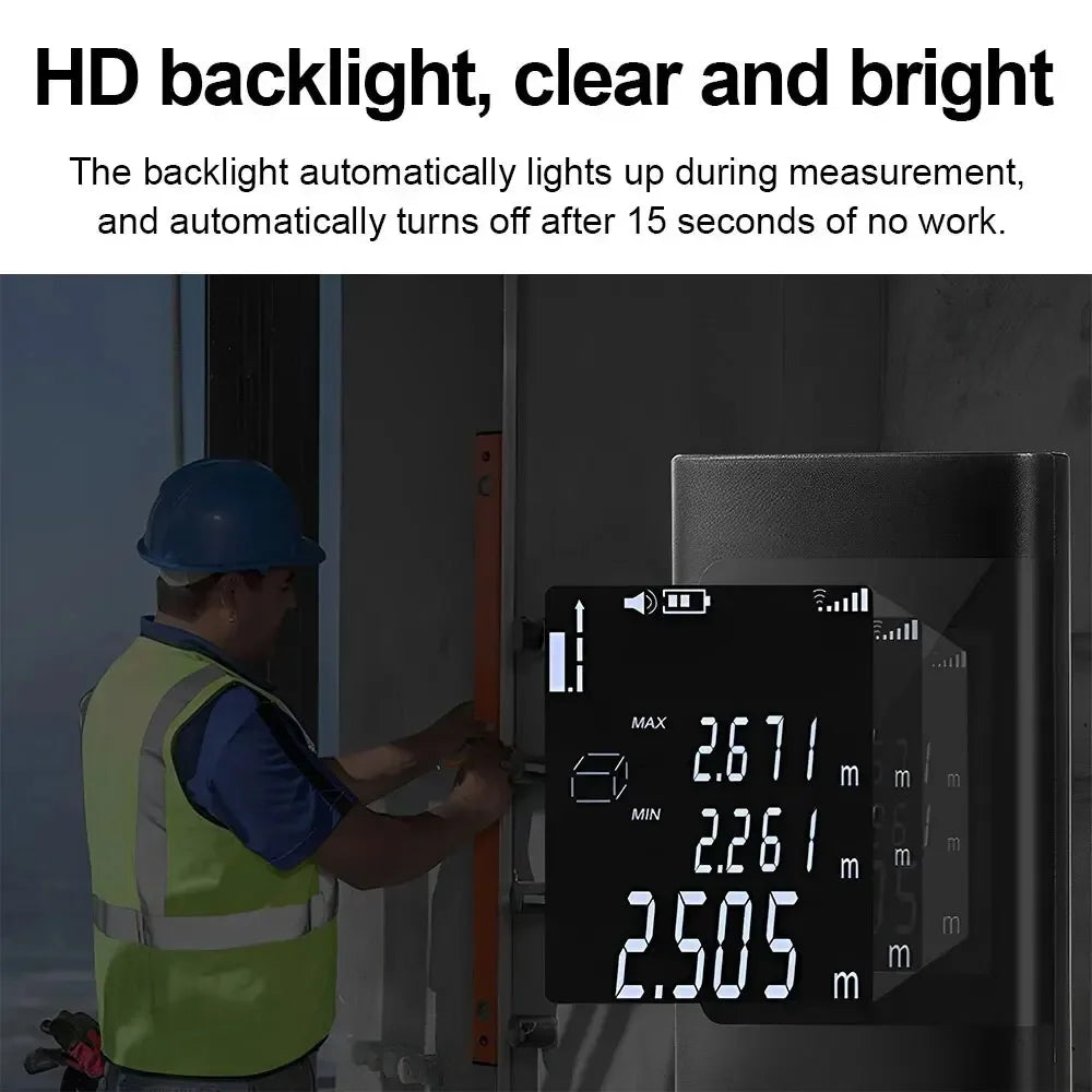 A person uses an HD backlight laser distance measurer to measure a distance on a door frame.