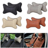 A set of leather knitted car neck pillows in beige, gray, and brown colors shown individually and installed in a car seat.