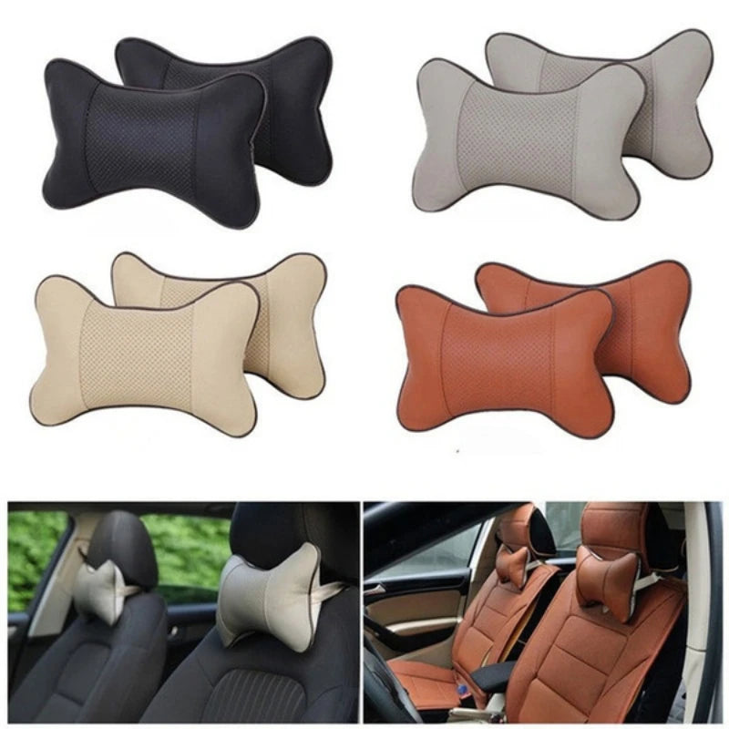 A set of leather knitted car neck pillows in beige, gray, and brown colors shown individually and installed in a car seat.