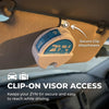 A clip-on visor access device is shown mounted on a car's sun visor, designed to keep a ZYN tin secure and easy to reach whil