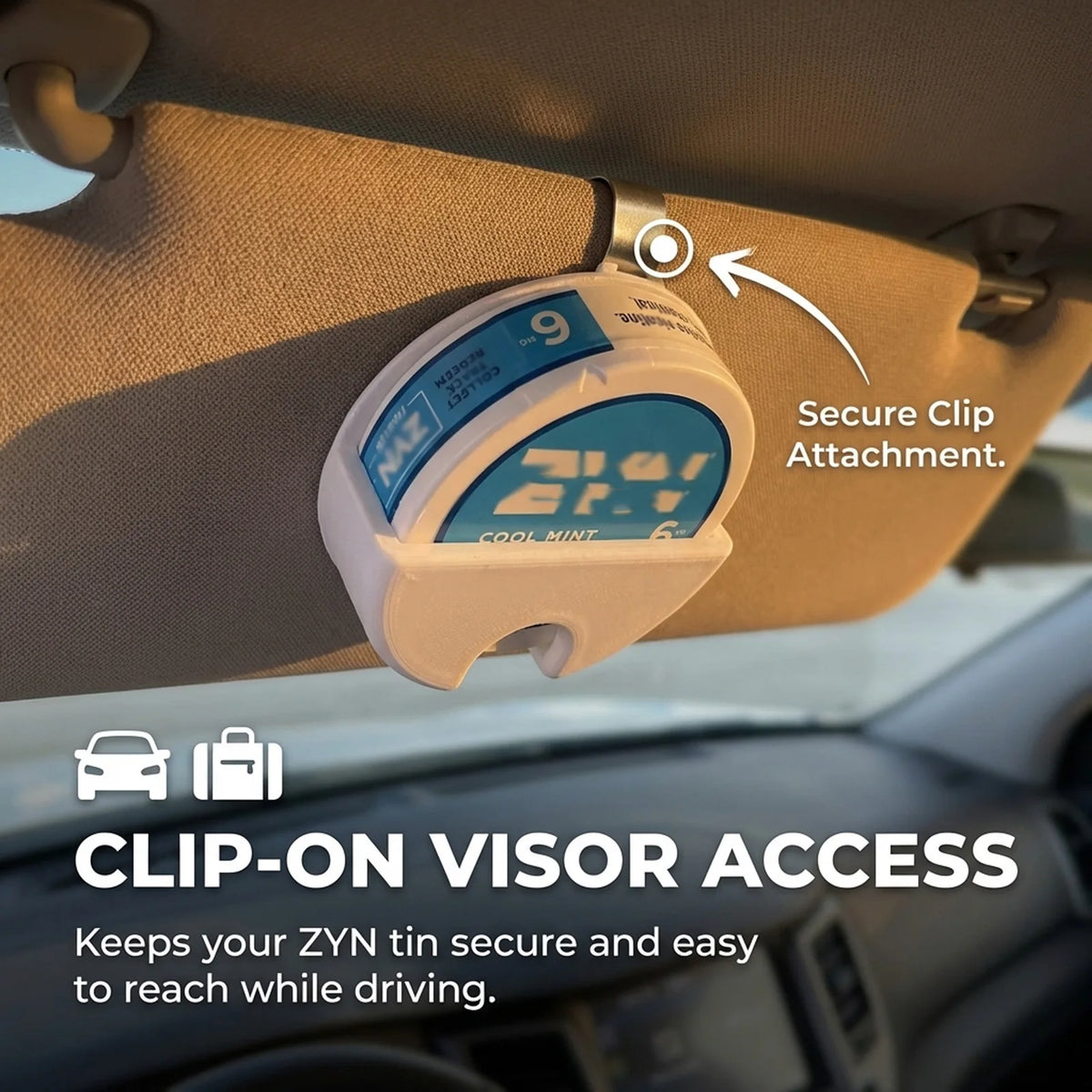 A clip-on visor access device is shown mounted on a car's sun visor, designed to keep a ZYN tin secure and easy to reach whil
