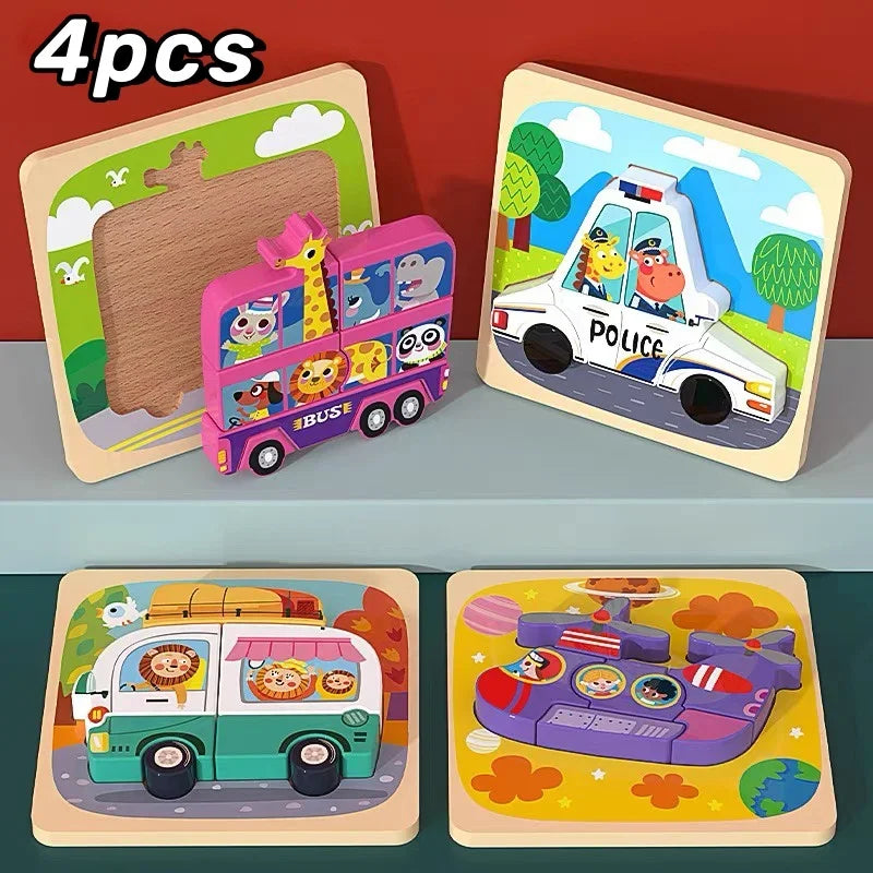 Four pieces of wooden puzzle sets featuring cartoon animals and traffic shapes for children