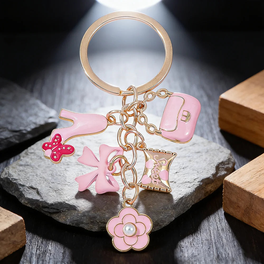 Enamel Heart & Bow Keychain with Flower Charm