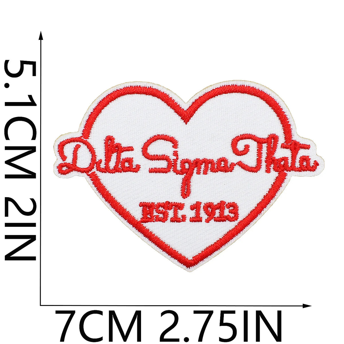 Red and white embroidered heart patch featuring the text Delta Sigma Theta 1913