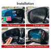 Installation steps showing how to install a rainproof anti-fog film on a car mirror and side window.