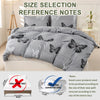 Gray duvet cover set featuring a black butterfly print on a bed, with size reference notes.