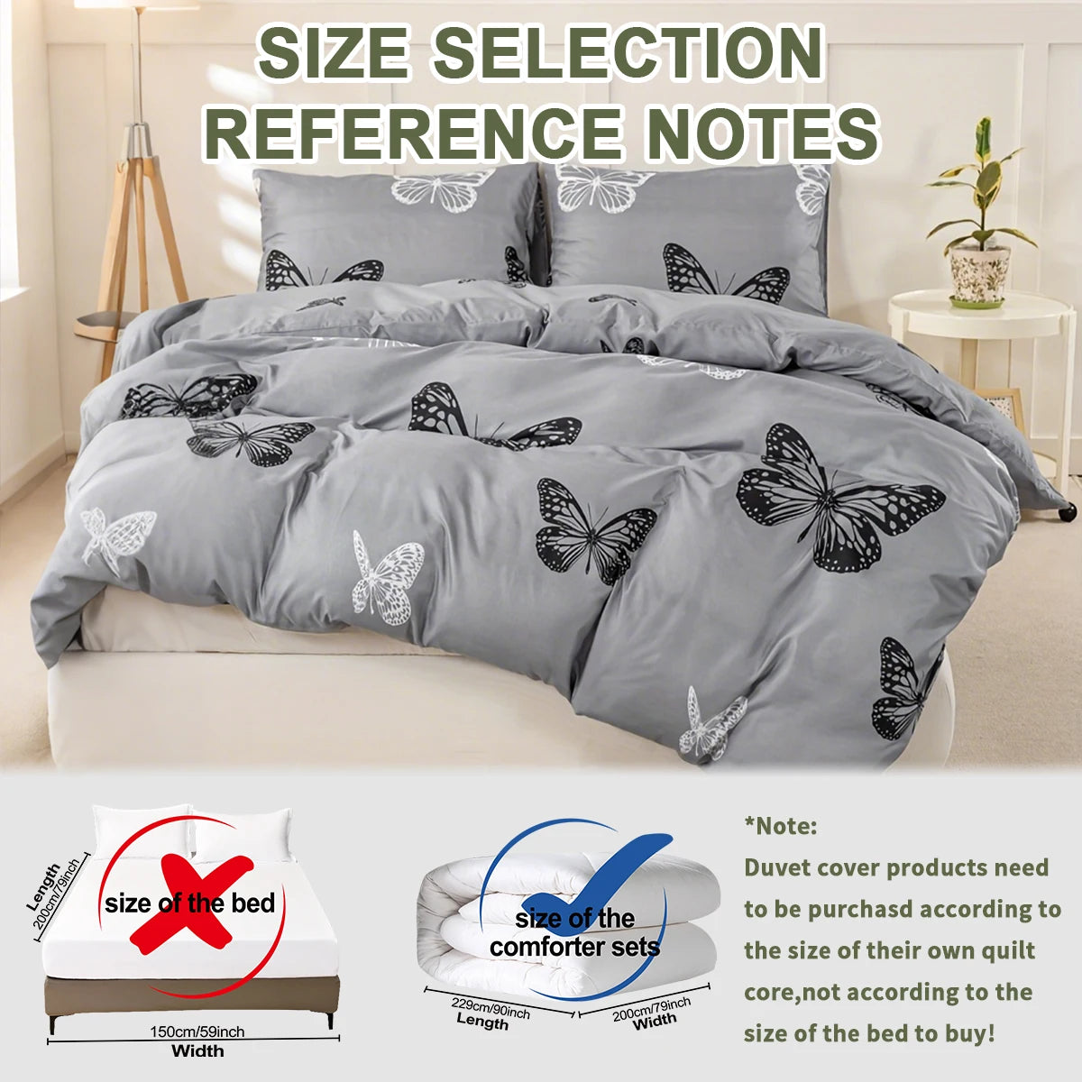 Gray duvet cover set featuring a black butterfly print on a bed, with size reference notes.