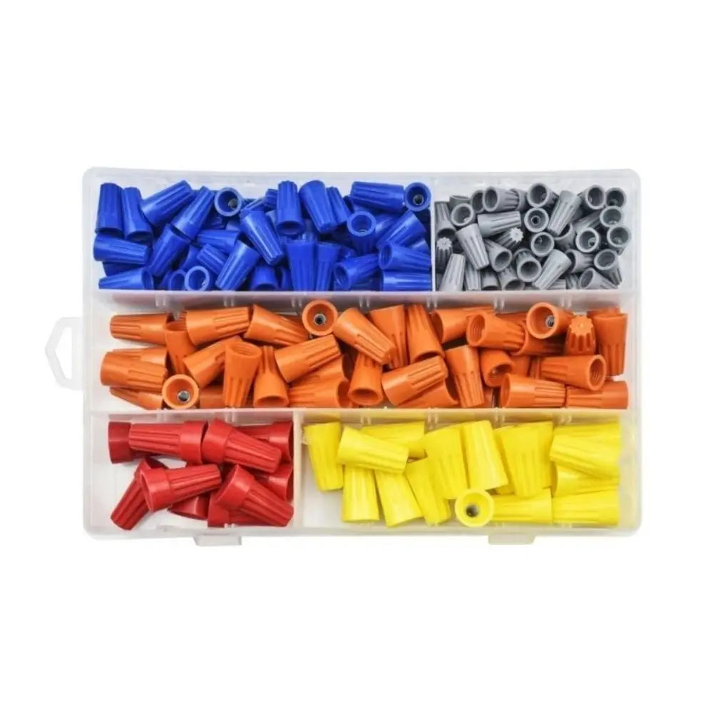 A plastic tray filled with color-coded twist-on wire connectors in blue, silver, and orange.
