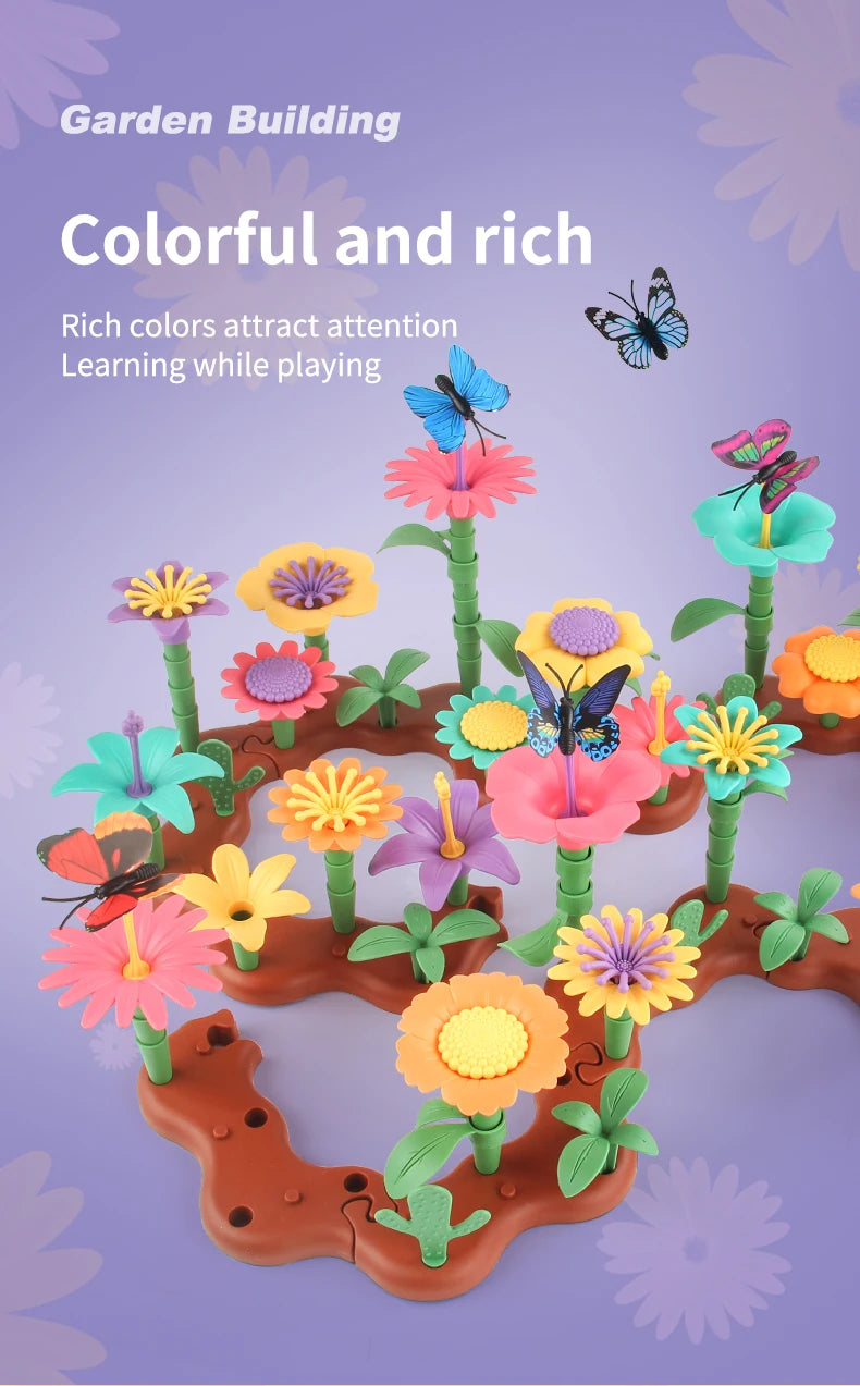A colorful and rich flower garden building toy featuring various flowers and butterflies for children's learning.