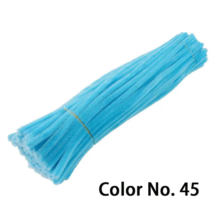 A bundle of bright blue chenille craft stems labeled Color No. 45