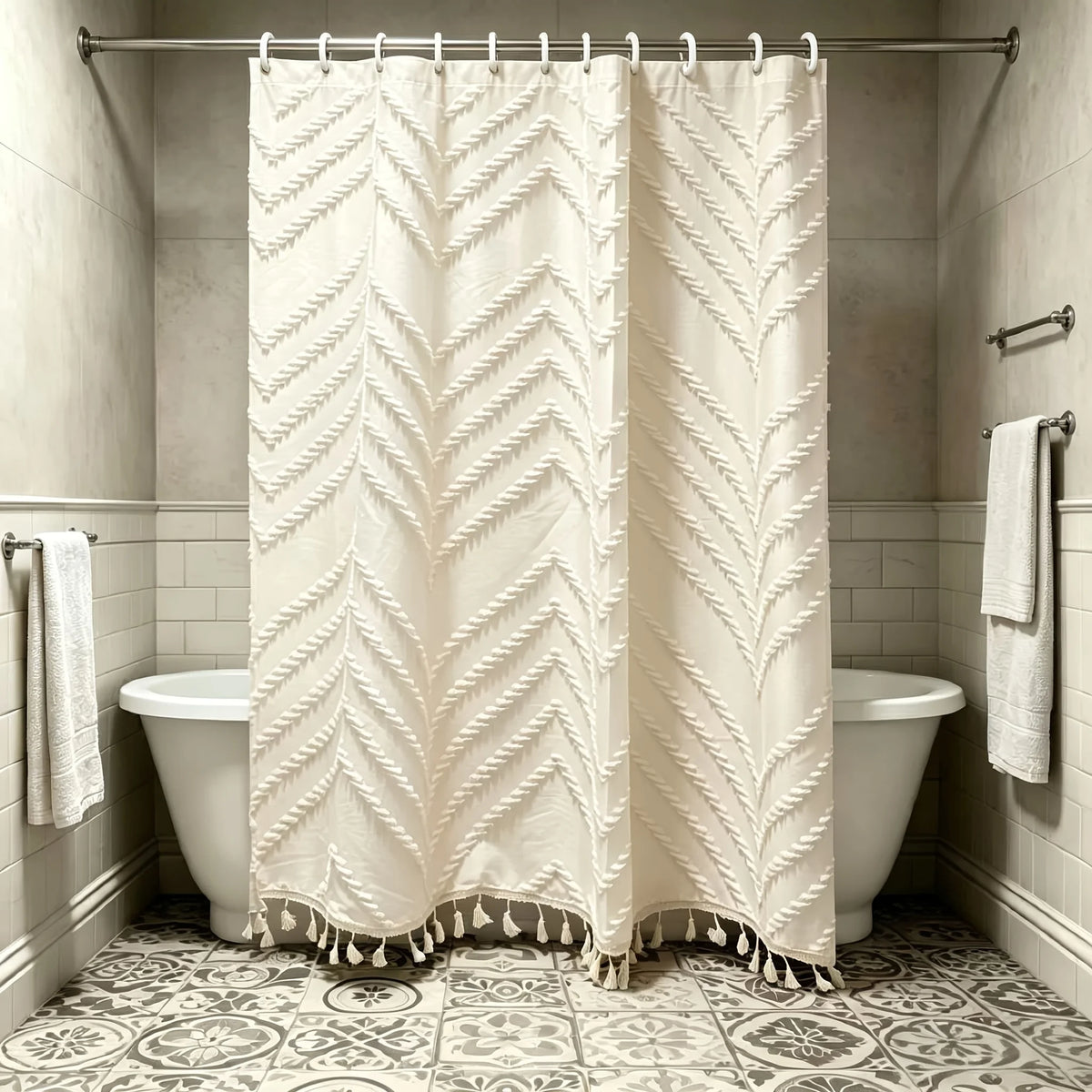 A cream-colored bohemian floral cutout tassel shower curtain hanging on a rod in a bathroom.