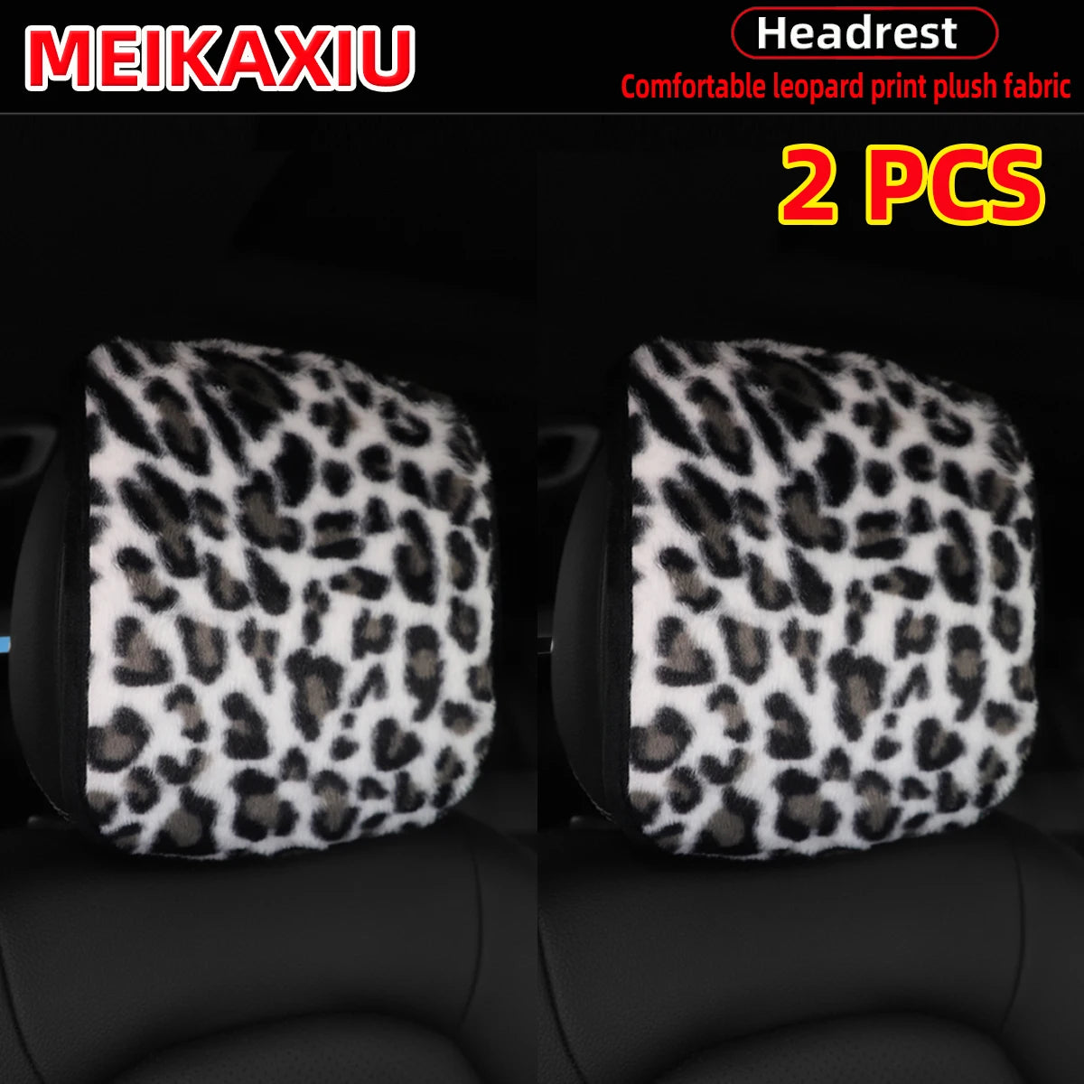Leopard Print Plush Car Headrest Cover, Set of 2