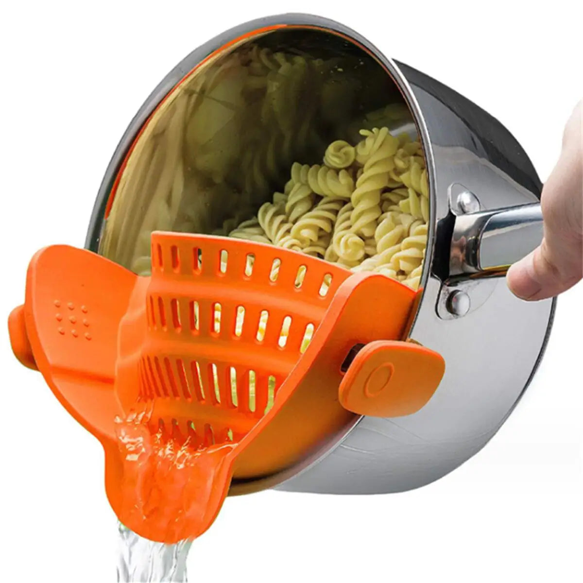 An orange clip-on strainer is shown lifting pasta from a stainless steel pot.