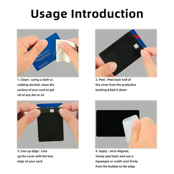 Instructions showing how to apply custom credit card stickers onto a card.