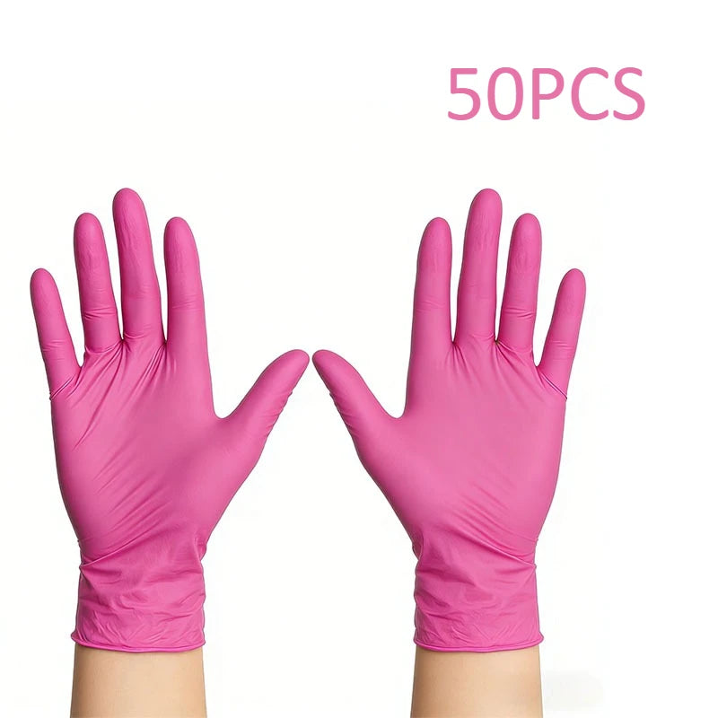 A pair of pink nitrile disposable gloves is shown against a white background, indicating a 50-piece pack.