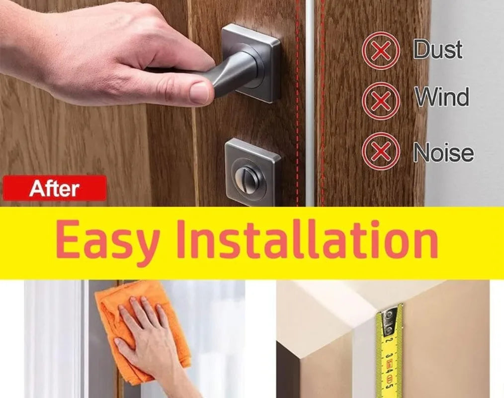 After image showing easy installation of a silver weather stripping seal for a door frame.