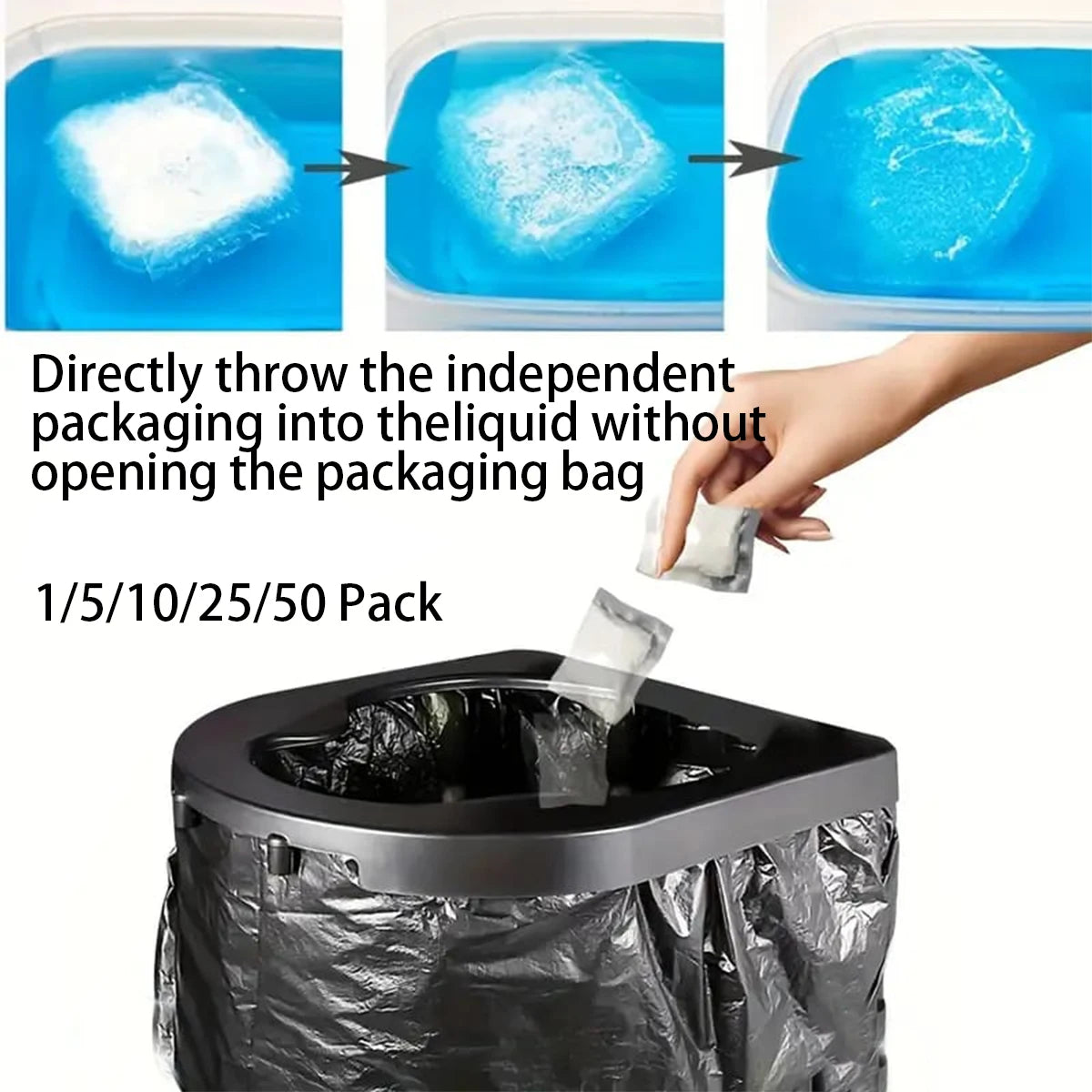 Demonstration of throwing independent packaging into a liquid and using it in a portable toilet.