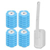 A wall-mounted disposable toilet brush set with blue foam heads and a white handle.