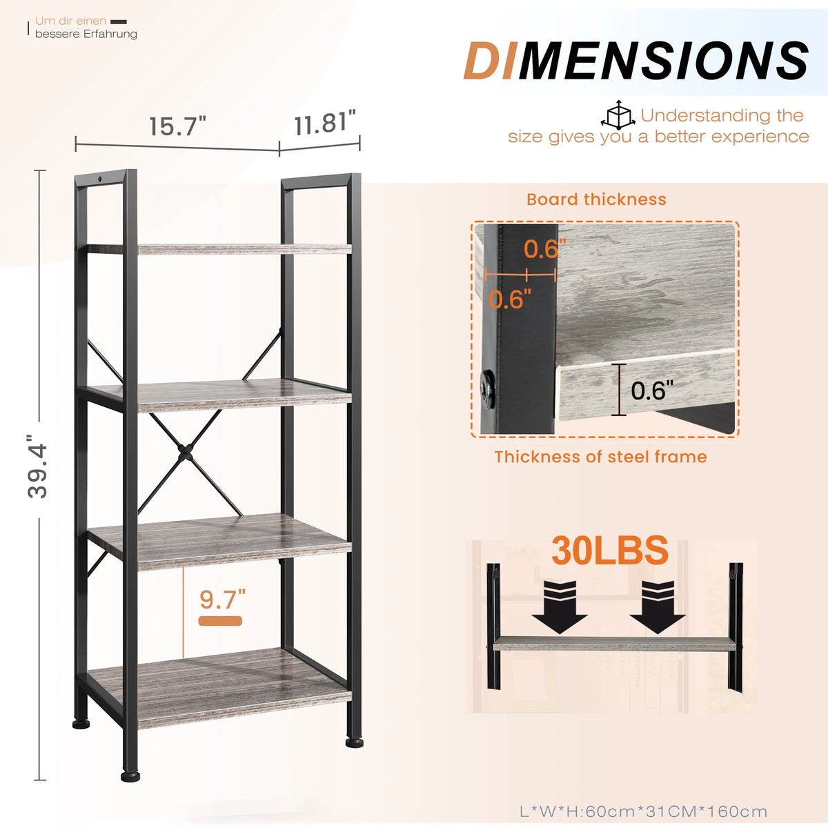 Industrial 4-Tier Tall Bookshelf with Graduated Shelves