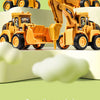 A set of yellow diecast construction vehicles, including a push-play excavator and bulldozer, displayed on a light green surf