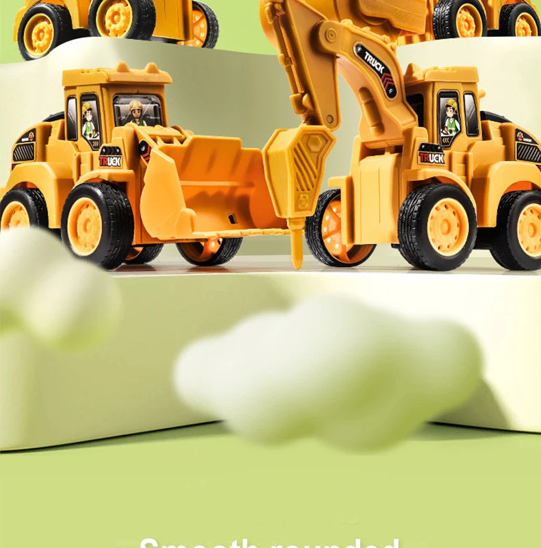 A set of yellow diecast construction vehicles, including a push-play excavator and bulldozer, displayed on a light green surf