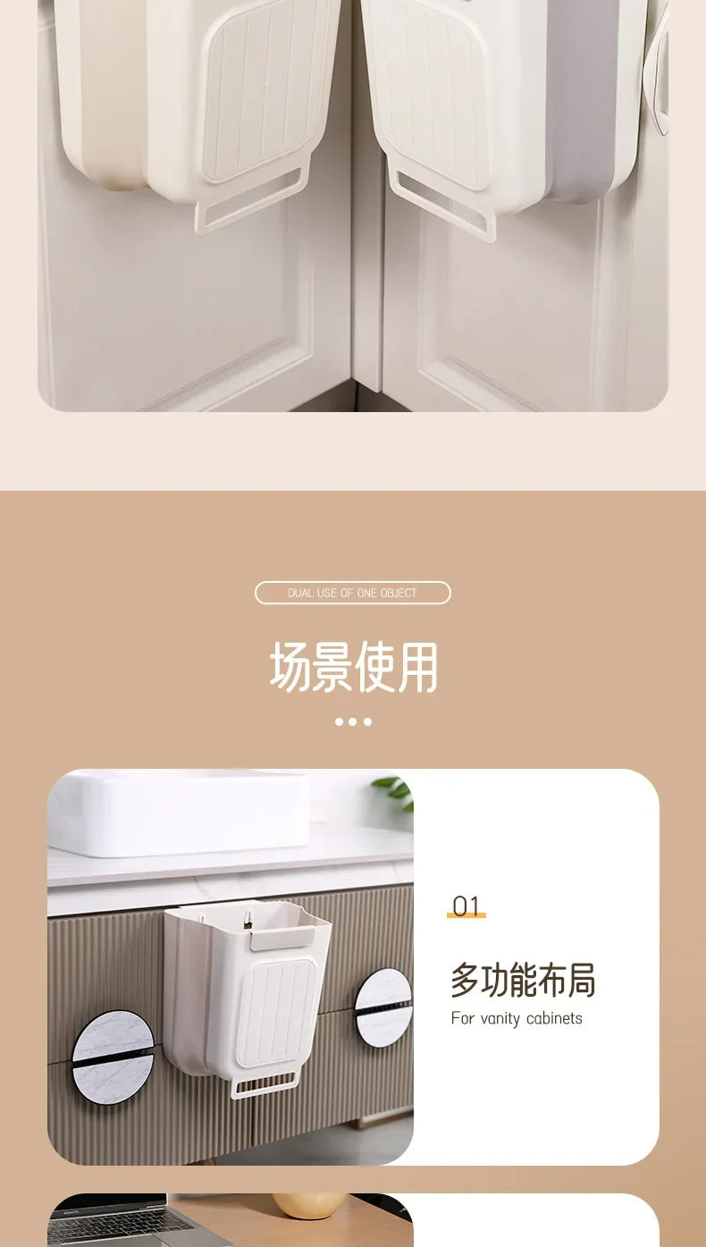 White foldable hanging trash bins displayed in a kitchen cabinet context.