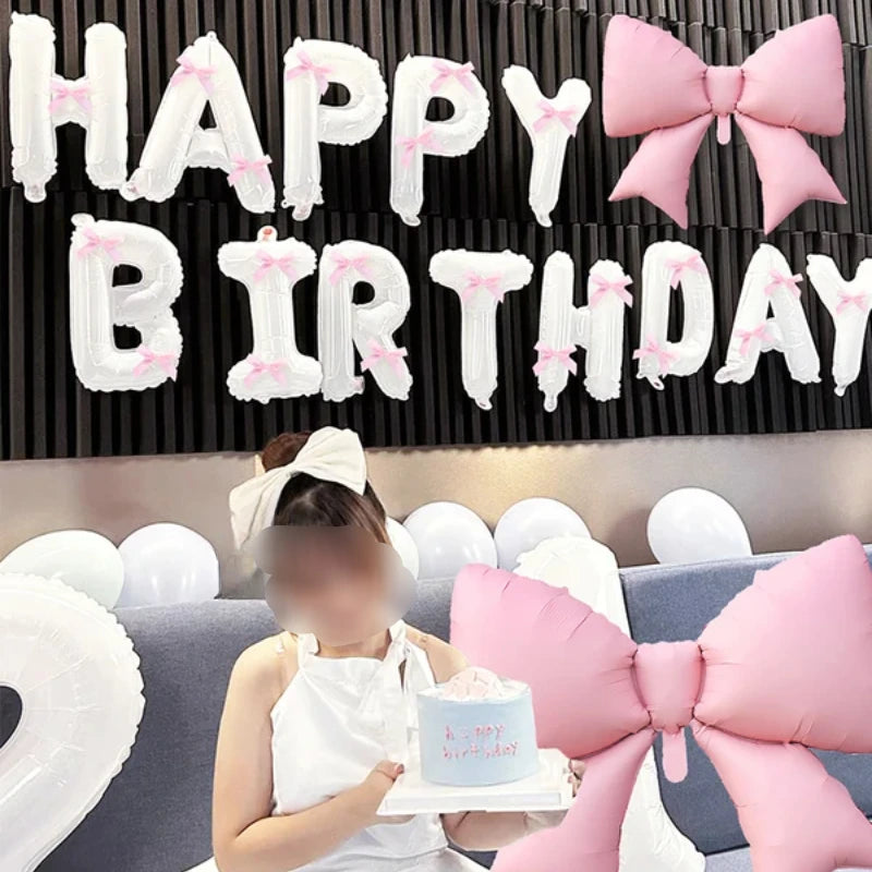 White Happy Birthday Banner with Pink Bow Balloons