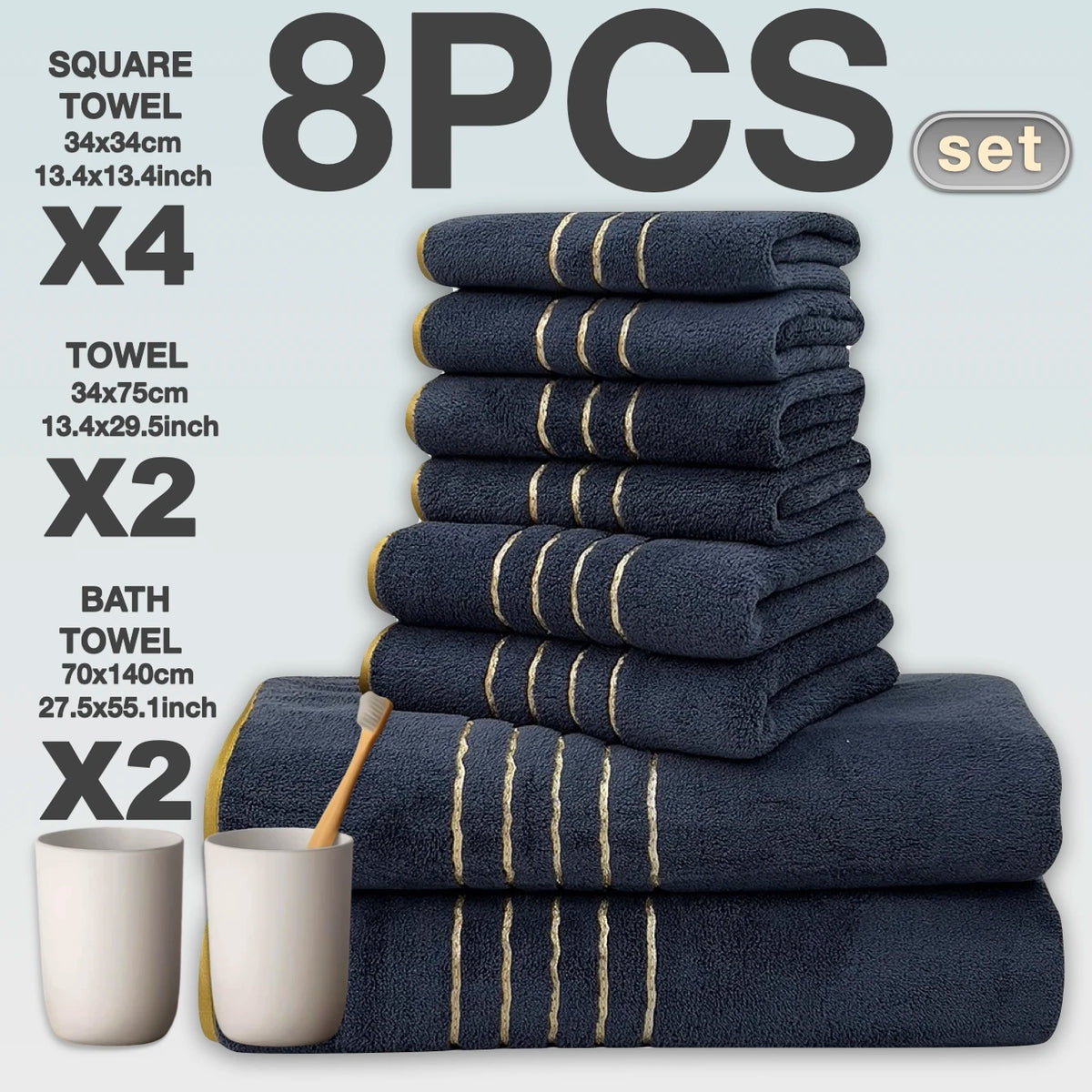 A set of eight dark blue bath towels with gold stripes stacked and displayed on a light gray background.