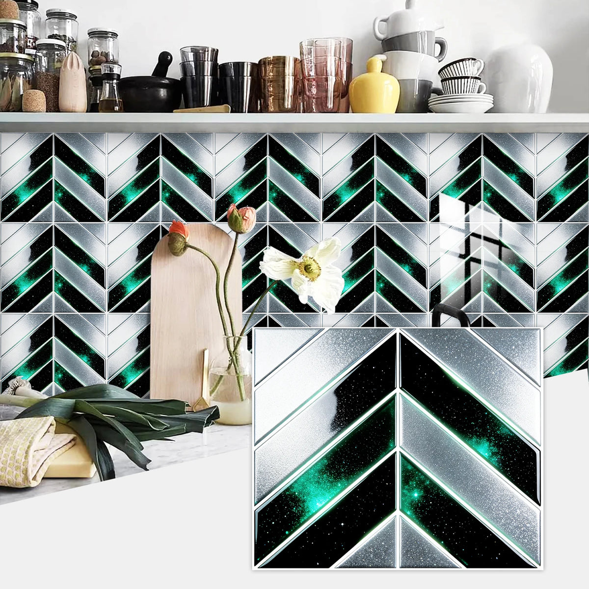 Black and white herringbone marble peel-and-stick wall tiles with green accents.