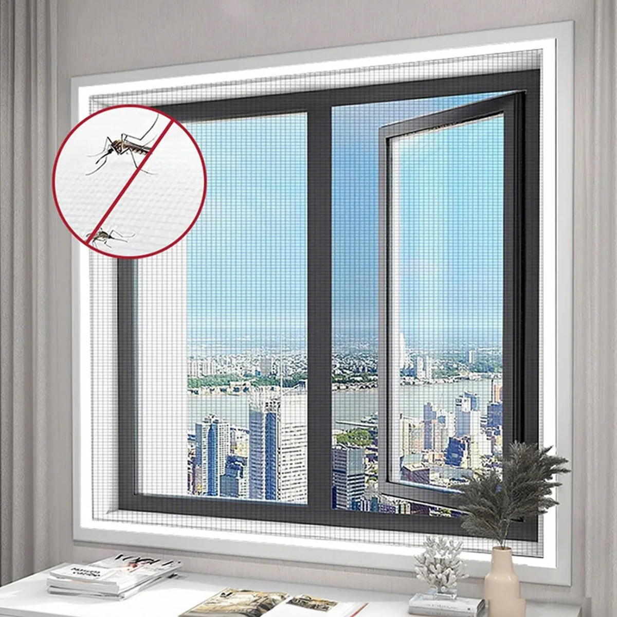 A close-up view of a self-adhesive window screen installed in a window, with a mosquito symbol indicating protection.