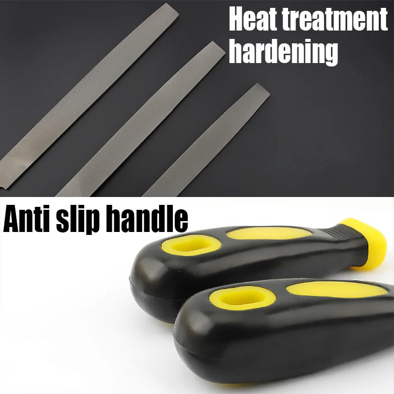 A black heat treatment hardening tool with an anti-slip handle and a flat steel file.