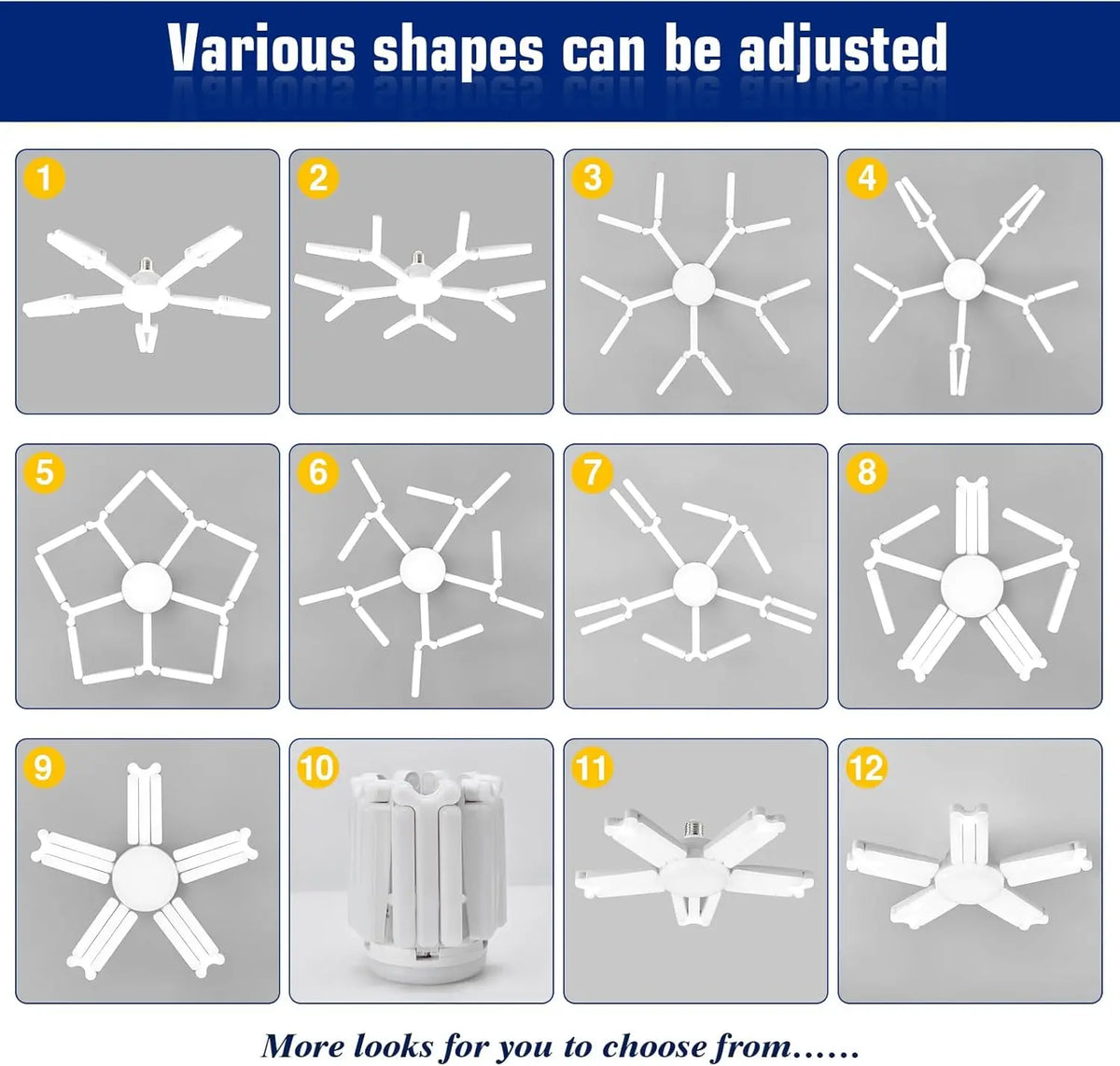 A series of twelve adjustable light bulb shapes are shown in various configurations.