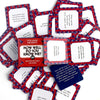 A collection of red and white cards for a party game titled How Well Do You Know Me?