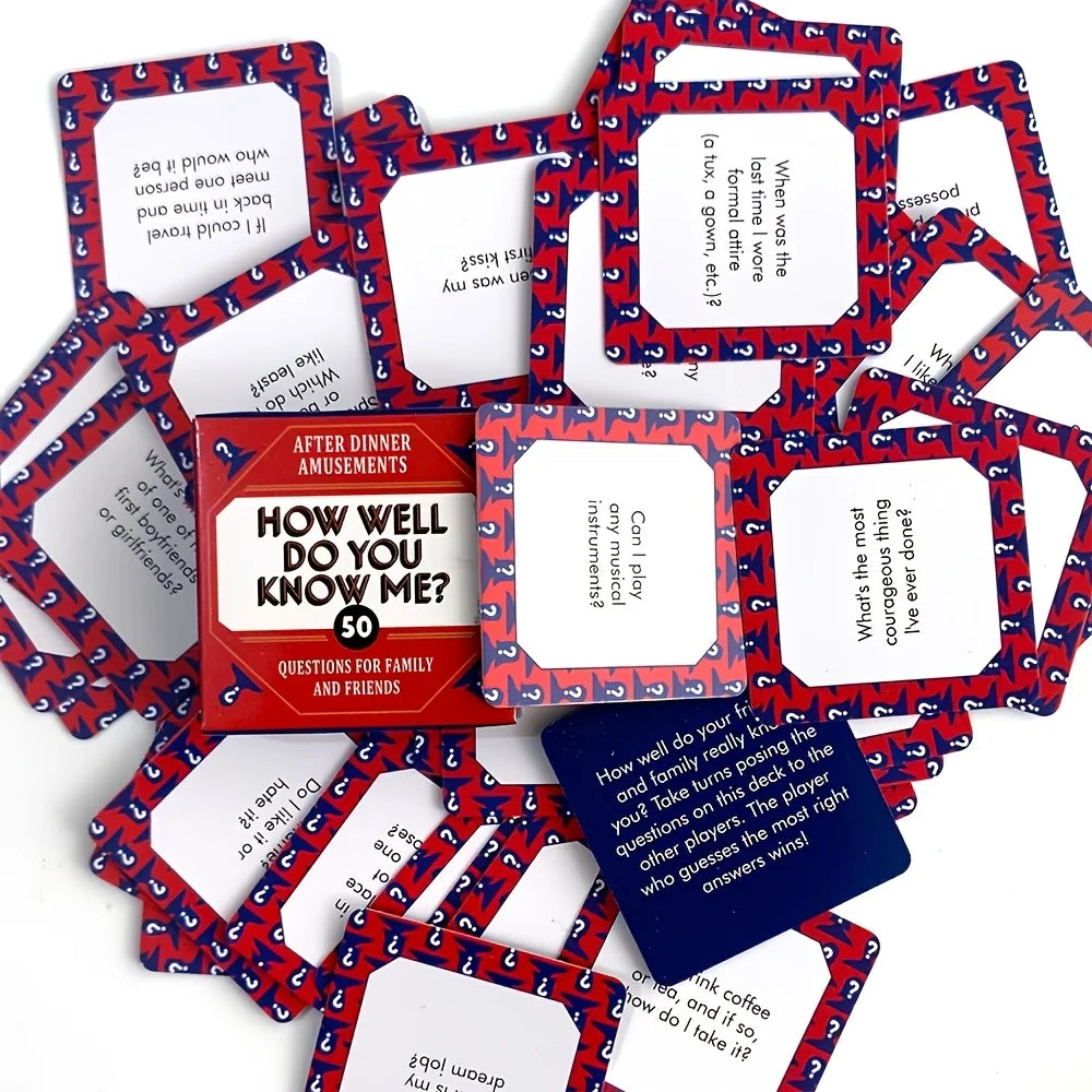A collection of red and white cards for a party game titled How Well Do You Know Me?