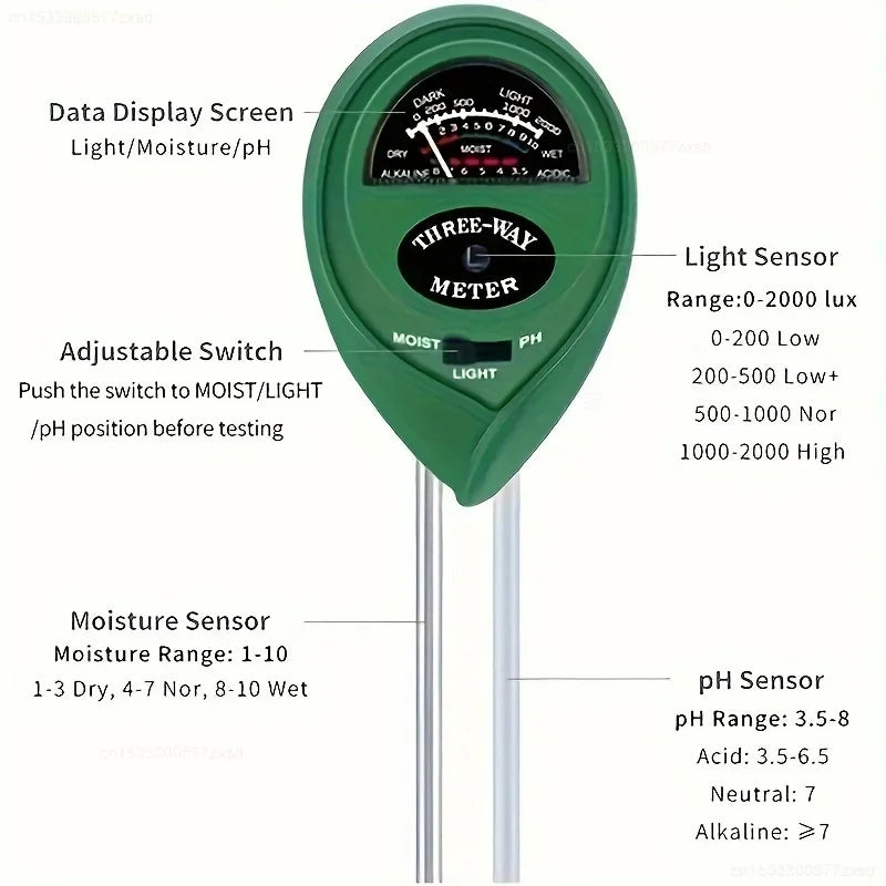 A green three-way meter device with sensors for light, moisture, and pH measurements.