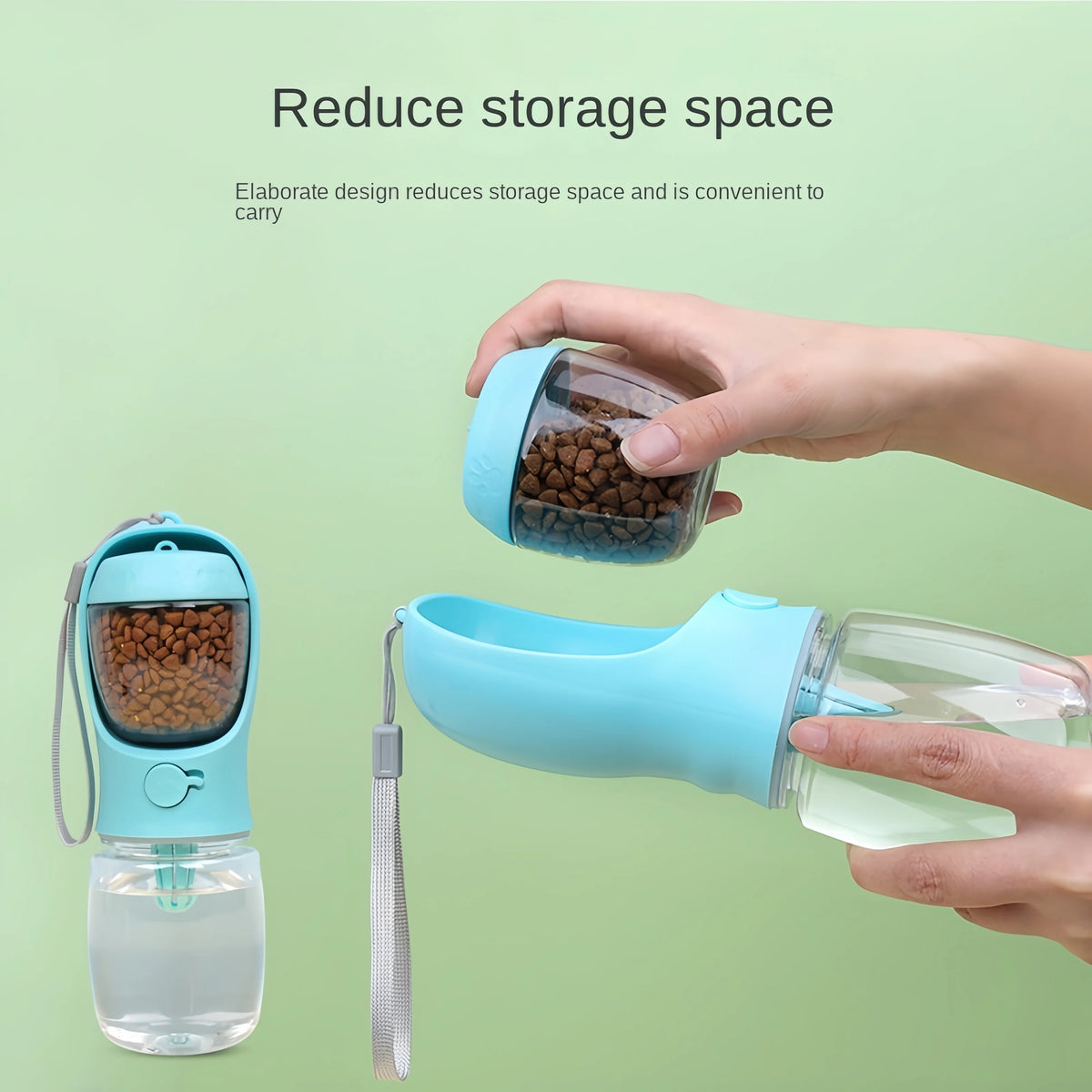 A hand is holding a blue portable pet water bottle with food storage, demonstrating its design for reducing storage space.