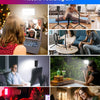 A collage showing various uses of a portable RGB LED video light panel for recording and photography.