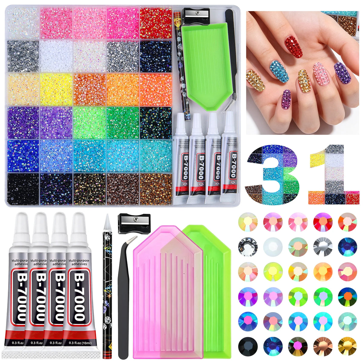 A collection of mixed color acrylic rhinestone flatbacks and glitter for craft decoration.