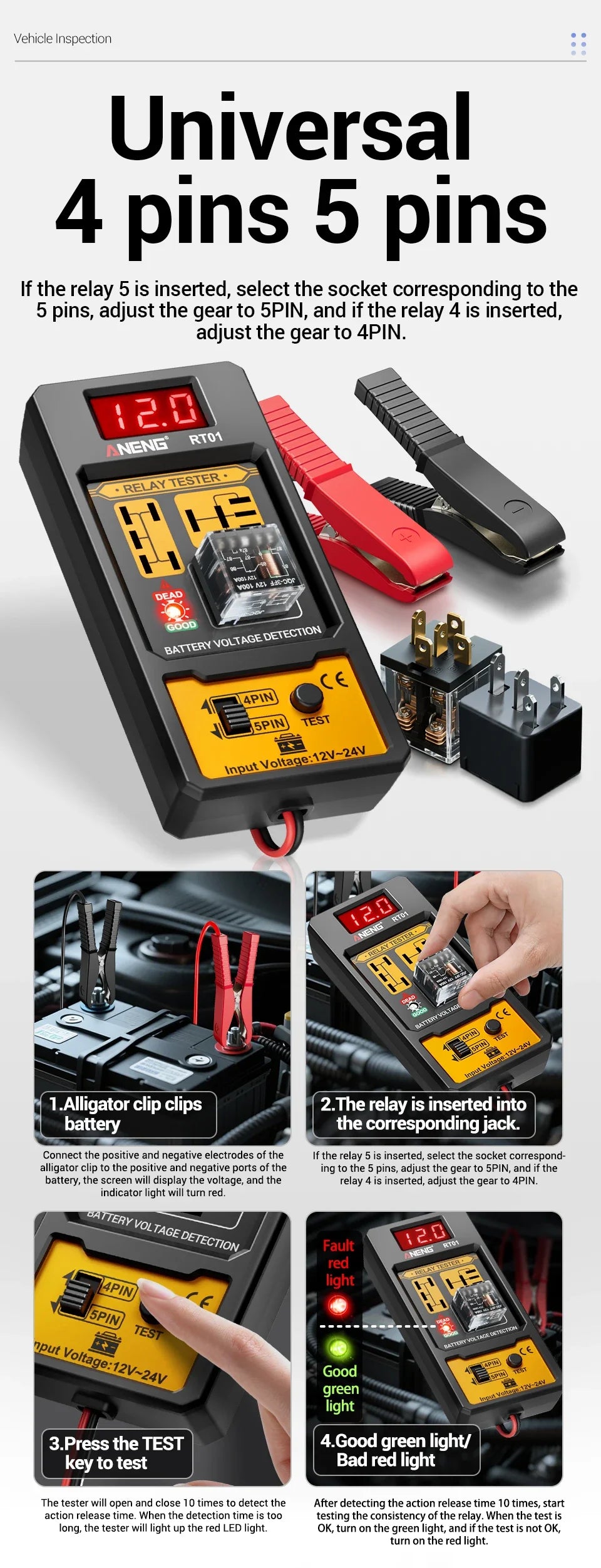 Automotive Relay Tester with Digital Display for 4/5 Pin Relays