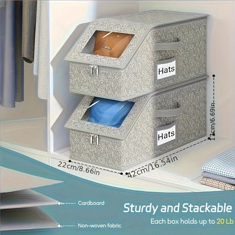 A gray, sturdy, stackable storage box with a lid and zipper for holding hats and accessories.