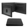 Black slim tri-fold wallet with an ID window shown in two views.