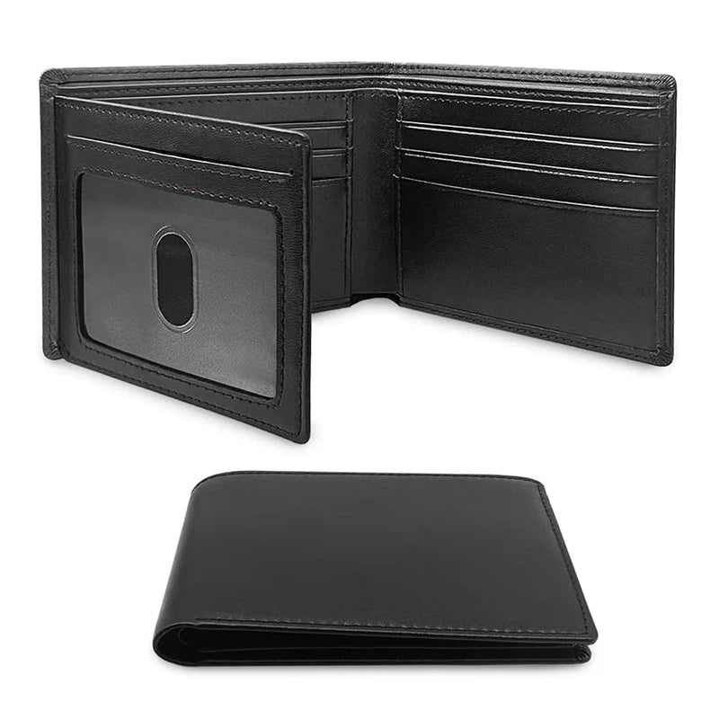 Black slim tri-fold wallet with an ID window shown in two views.